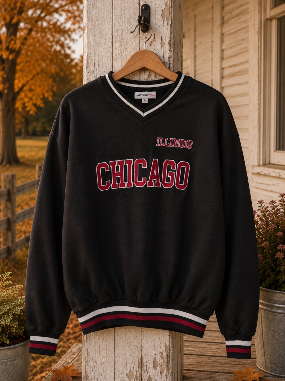 Harper & Ivy Girl Chicago Illinois Varsity Sweatshirt Womens XL Graphic Black